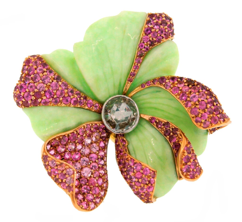 Gorgeous colorful ring created in the shape of a beautiful exotic flower. Lovely combination of colors - green, pink, white and yellow.
The flower was made between 2000 and 2005 originally as a pin based on the availability of those gorgeous carved