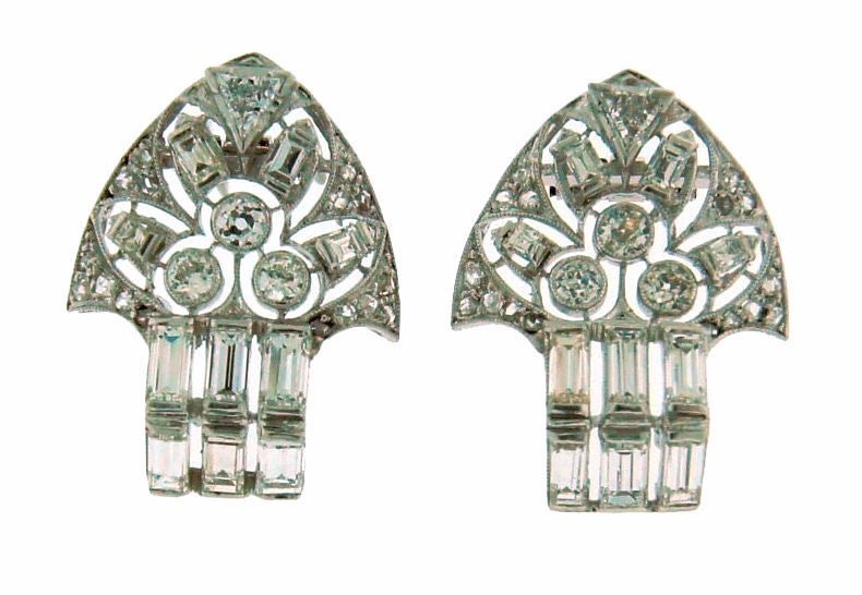 Women's Art Deco Diamond Platinum Brooch Pin Double Clips