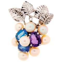 SEAMAN SCHEPPS Pearl Sapphire Diamond White Gold Floral Brooch 7