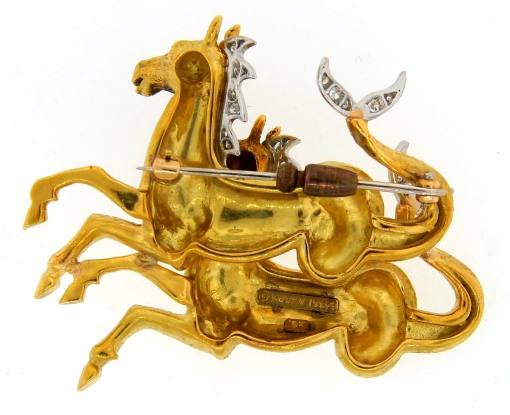 Diamond & Yellow Gold Horse Pin Signed 
