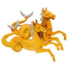 Retro Diamond & Yellow Gold Horse Pin Signed "Koven"