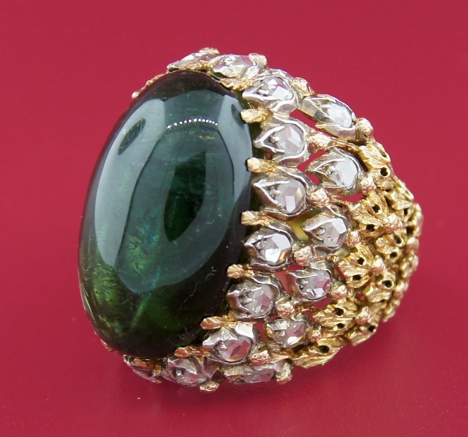 Women's MARIO BUCCELLATI Green Tourmaline Cabochon, Diamond & Gold Ring