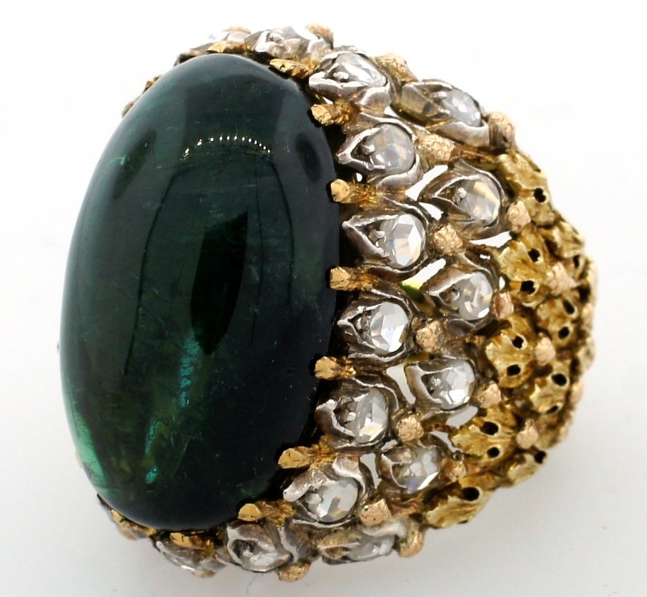 MARIO BUCCELLATI Green Tourmaline Cabochon, Diamond & Gold Ring 1
