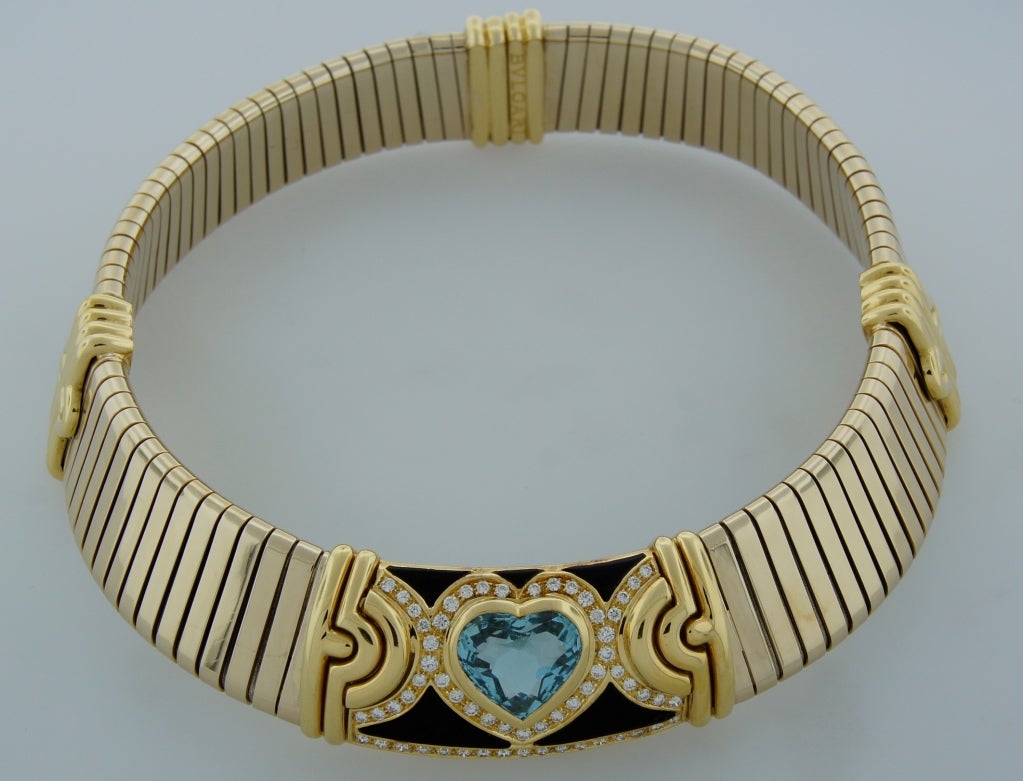 BULGARI Aquamarine Onyx Diamond Gold Tubogas Necklace 1