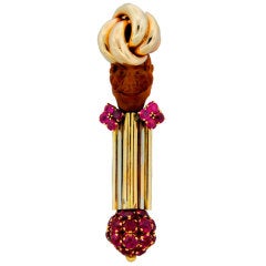 NARDI Carved Wood Synthetic Ruby Silver Gold Male Face with Turban Pin Brooch 10