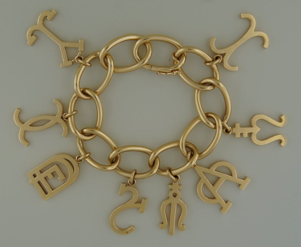 Stylish vintage yellow gold bracelet with eight charms made by Cartier, New York. Each charm stands for a Spanish bull breed. These bulls participate is famous Spanish Corridas. Most likely, the bracelet was custom ordered for a toreador's member of