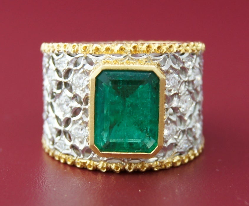 Women's Mario Buccellati Emerald Diamond Gold Band Ring, 1960s