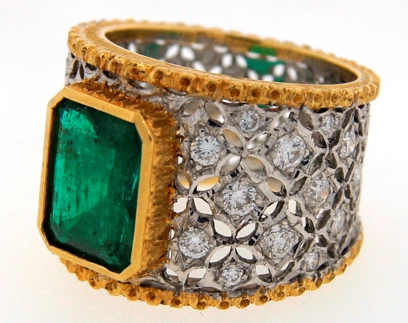 Mario Buccellati Emerald Diamond Gold Band Ring, 1960s 1