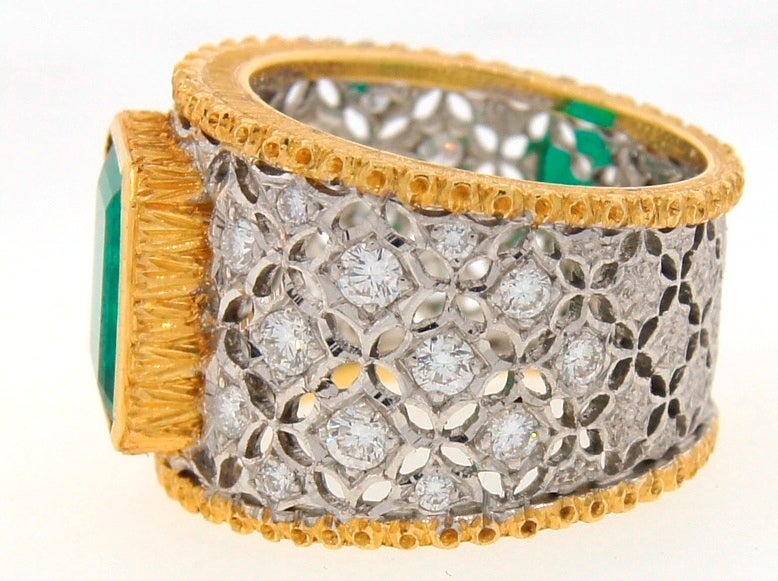 Mario Buccellati Emerald Diamond Gold Band Ring, 1960s 2