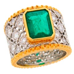 Vintage Mario Buccellati Emerald Diamond Gold Band Ring, 1960s