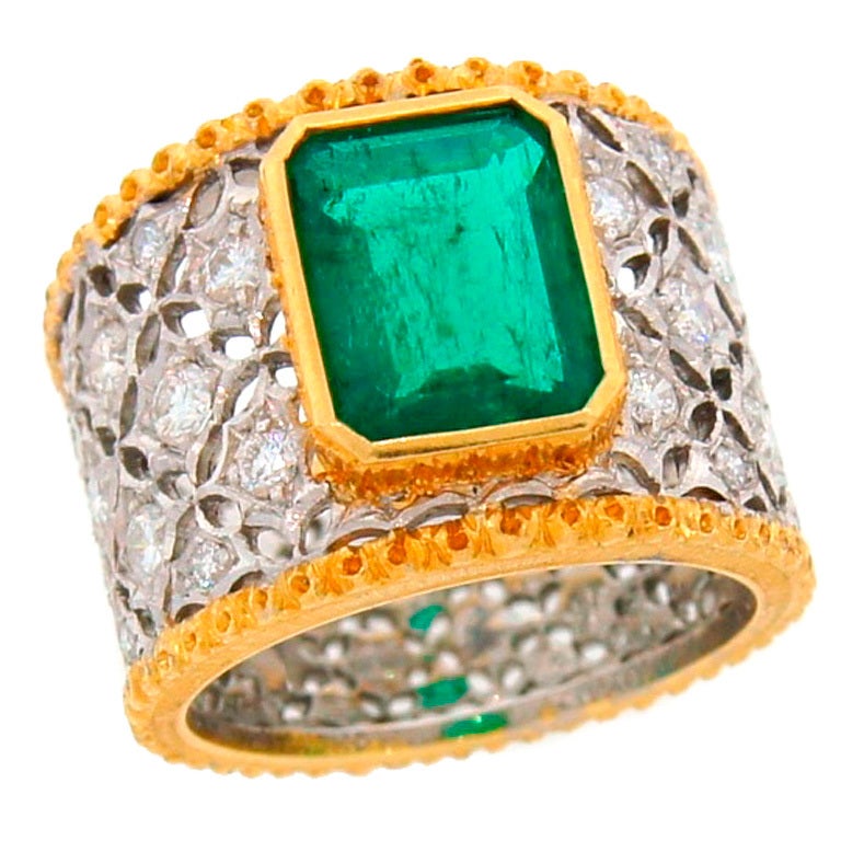 Mario Buccellati Emerald Diamond Gold Band Ring, 1960s