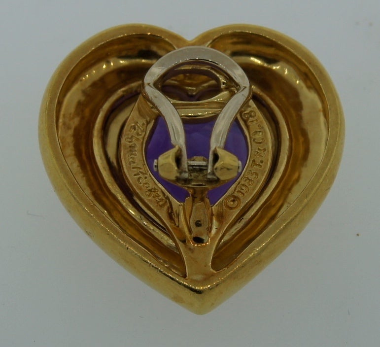 Vintage TIFFANY & Co. PALOMA PICASSO 18k Gold Earrings Heart Amethyst For Sale 1