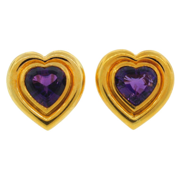 Vintage TIFFANY & Co. PALOMA PICASSO 18k Gold Earrings Heart Amethyst