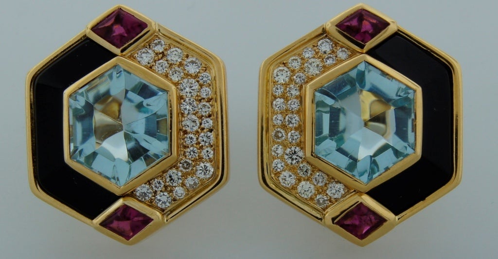 MARINA B Aquamarine Black Onyx Diamond Rubellite & Gold Earrings 1980s In Excellent Condition In Beverly Hills, CA