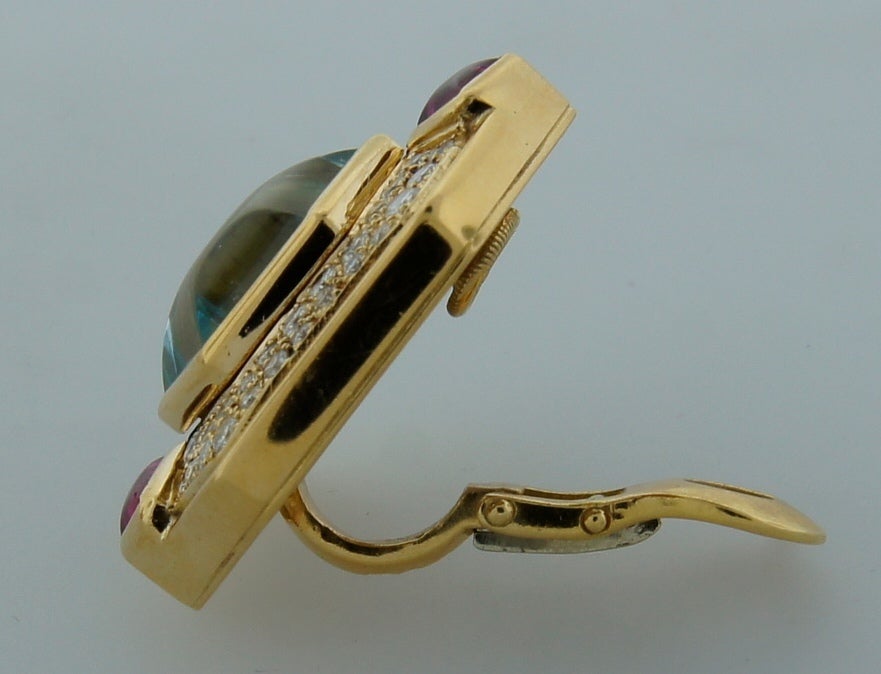 Women's MARINA B Aquamarine Black Onyx Diamond Rubellite & Gold Earrings 1980s