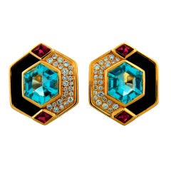 MARINA B Aquamarine Black Onyx Diamond Rubellite & Gold Earrings 1980s