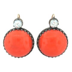 Antique Victorian Coral, Diamond, Silver & Gold Earrings