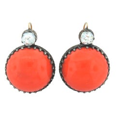 Victorian Coral, Diamond, Silver & Gold Earrings