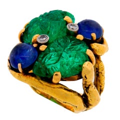 Prominent Carved Emerald, Sapphire, Diamond 
Yellow Gold Ring