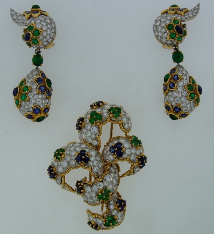 Diamond, Sapphire, Emerald & Yellow Gold Earrings & Brooch Set