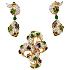 Diamond, Sapphire, Emerald & Yellow Gold Earrings & Brooch Set