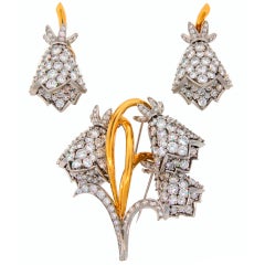 Vintage Diamond Platinum & Yellow Gold Bell Flower Earrings & Brooch Set