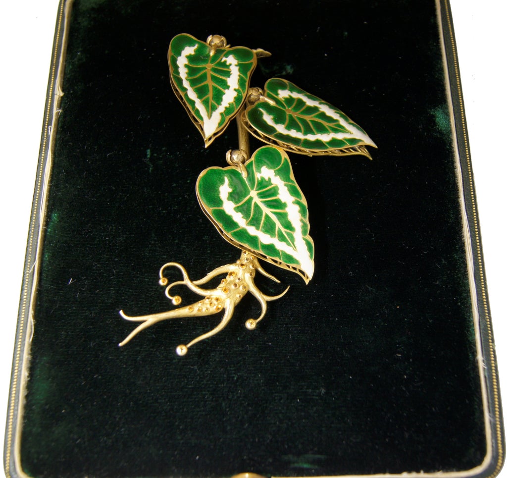 Remarkable French Belle Epoque Movable Enamel Leaves Flower Pin For Sale 6