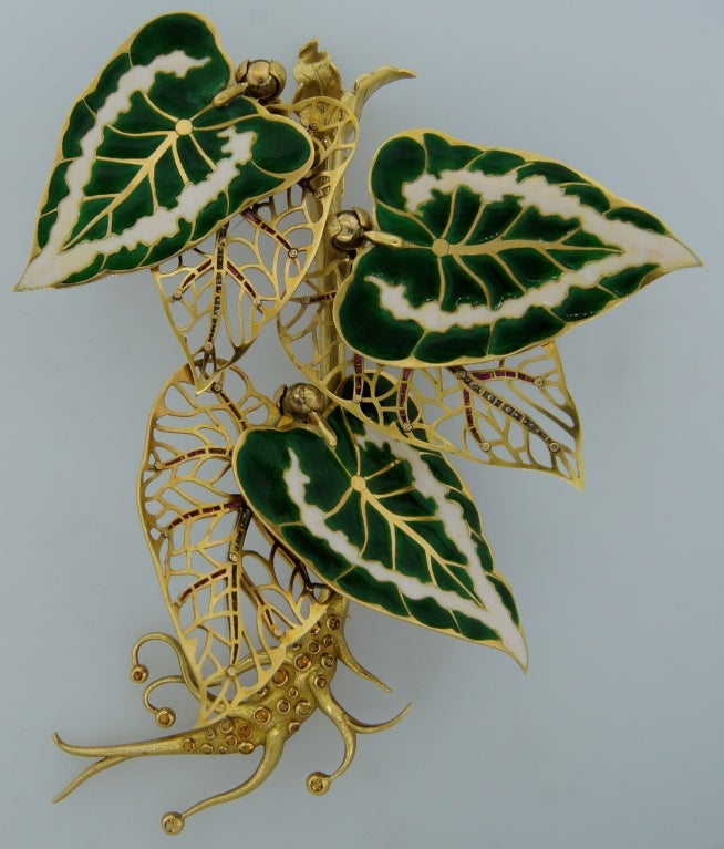 Remarkable French Belle Epoque Movable Enamel Leaves Flower Pin In Excellent Condition For Sale In Beverly Hills, CA