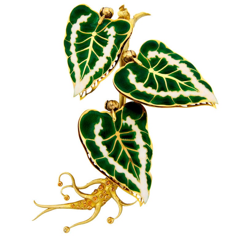 Remarkable French Belle Epoque Movable Enamel Leaves Flower Pin For Sale