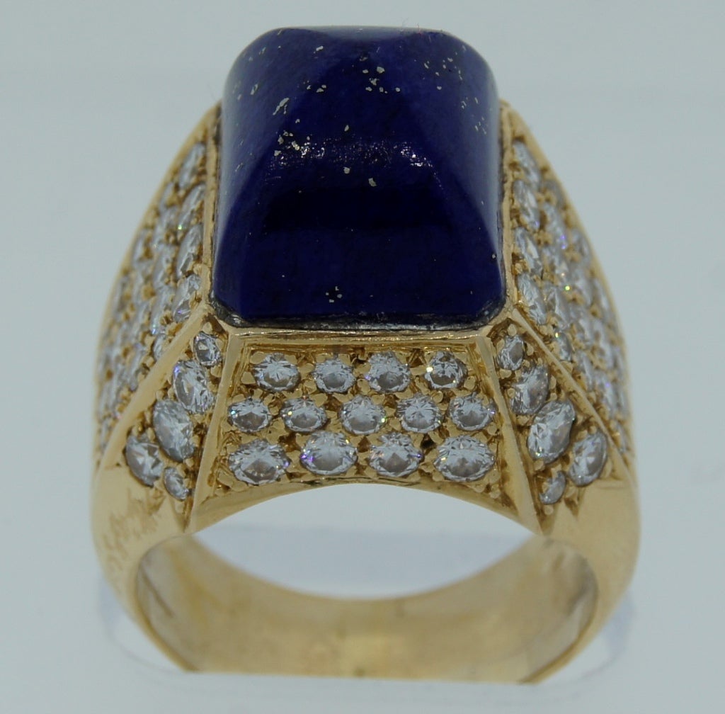 Women's French 1960's Lapis Lazuli and Diamond Gold Ring