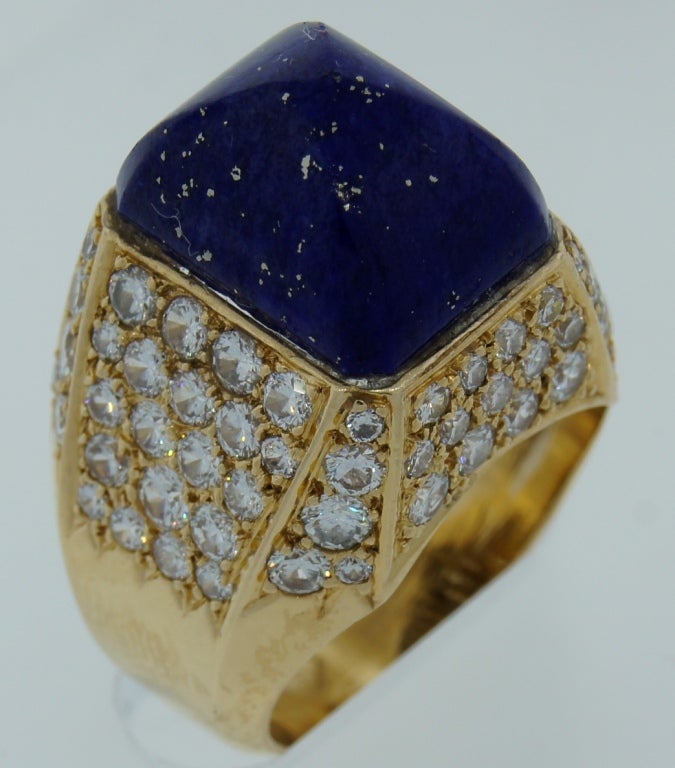 French 1960's Lapis Lazuli and Diamond Gold Ring 1
