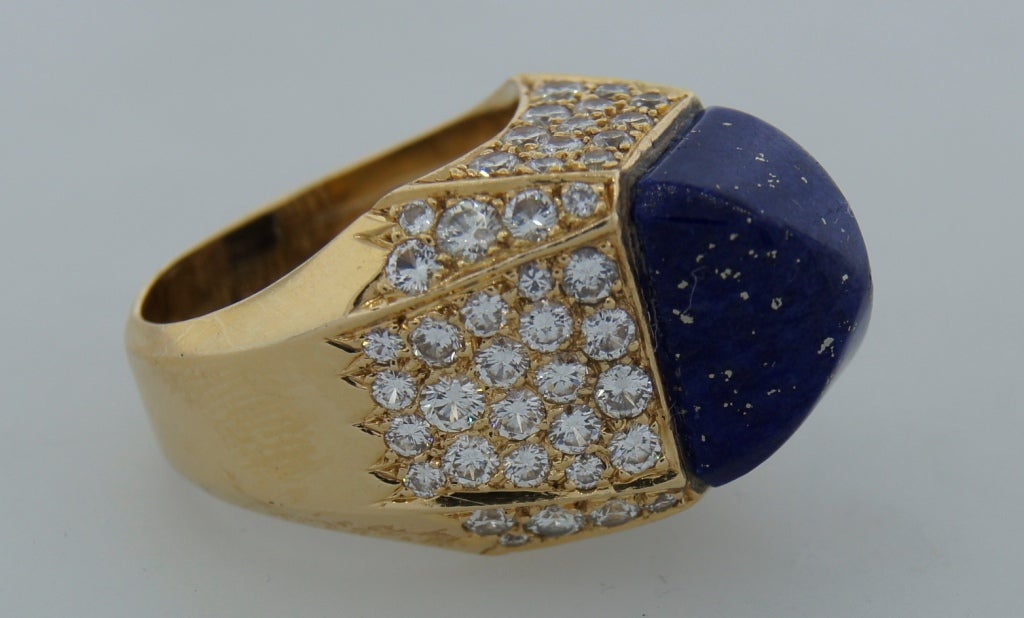 French 1960's Lapis Lazuli and Diamond Gold Ring 2
