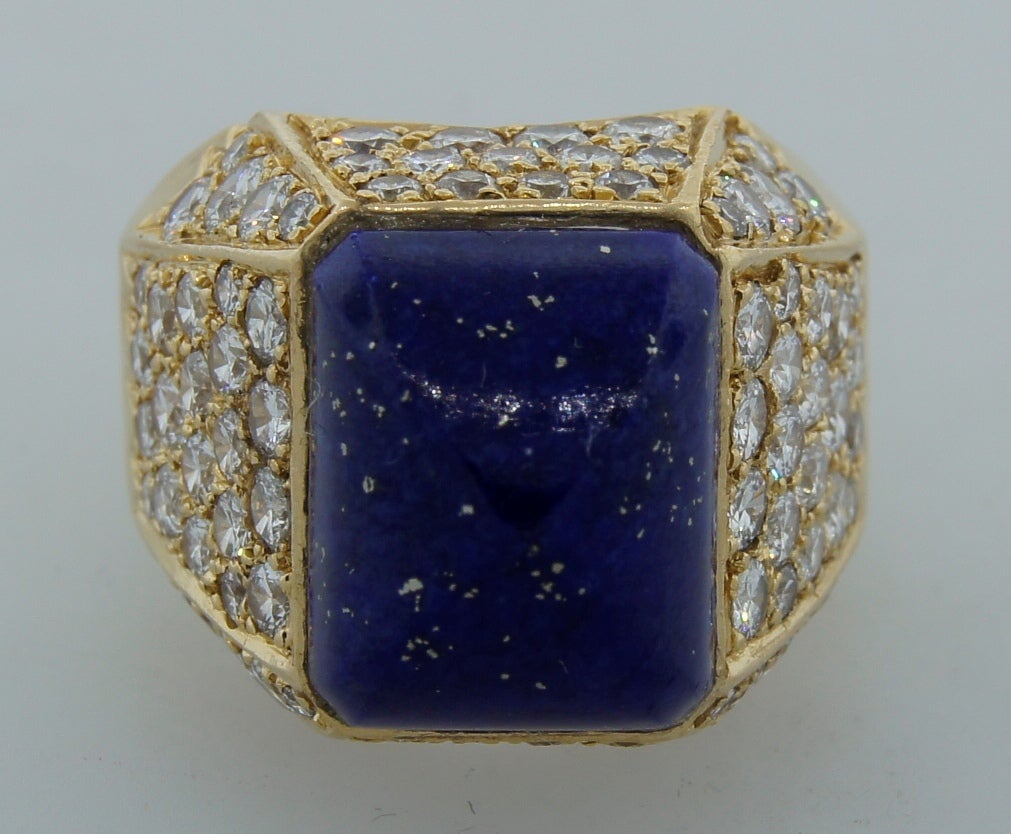 French 1960's Lapis Lazuli and Diamond Gold Ring 3