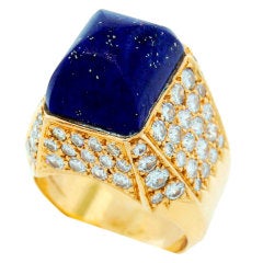 French 1960's Lapis Lazuli and Diamond Gold Ring