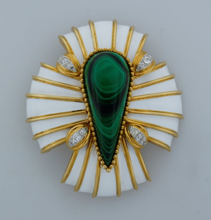 DAVID WEBB Malachite Diamond Enamel & Yellow Gold Pin / Pendant