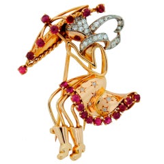 French Retro Diamond Ruby & Gold "Girl Under Umbrella" Brooch