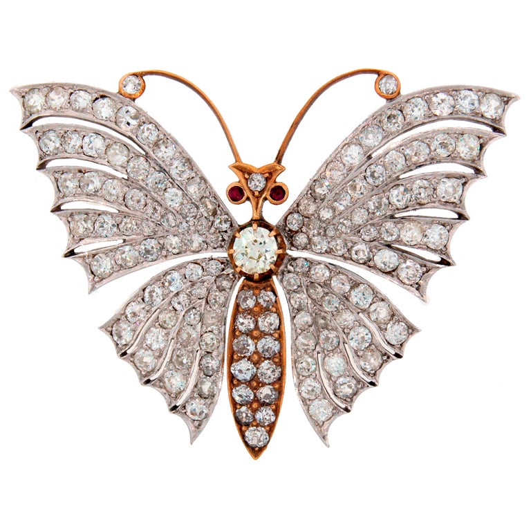 Victorian Diamond Ruby Gold Butterfly Brooch Pin