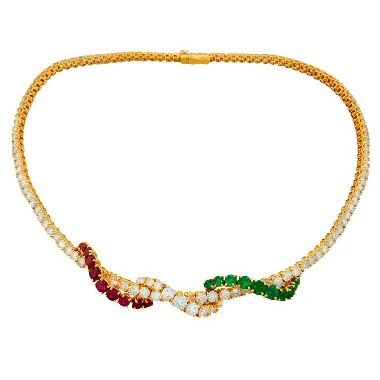 ASPREY Yellow Gold Necklace with Diamond Emerald and Red Spinel