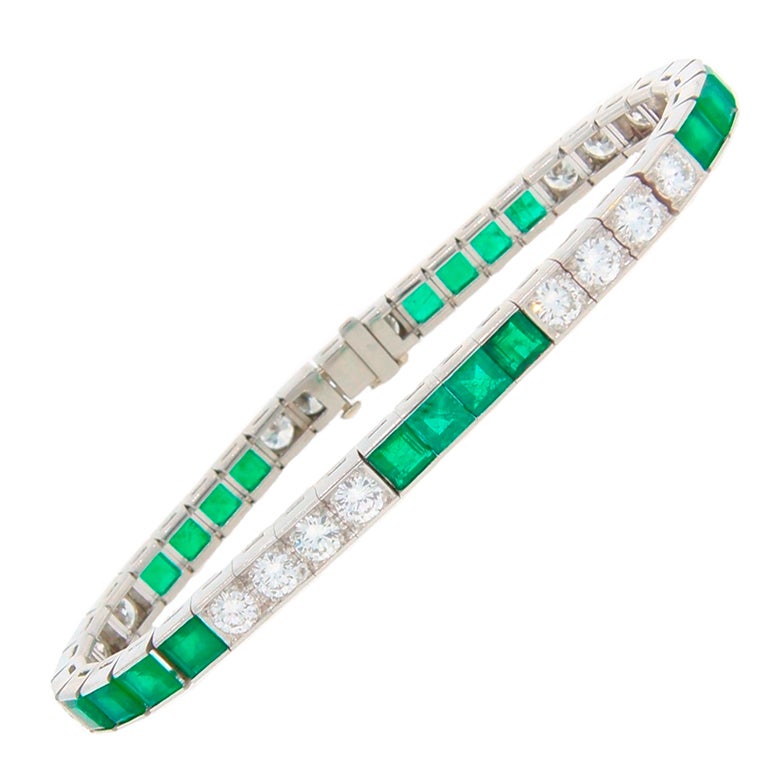 Diamond Emerald Platinum Tennis Bracelet at 1stdibs