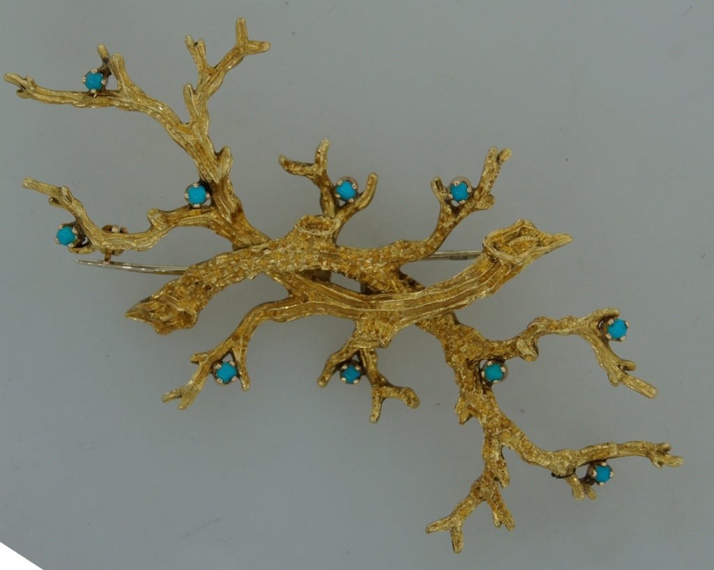 CARTIER Turquoise & Yellow Gold Stylized Brunch Pin Brooch 1
