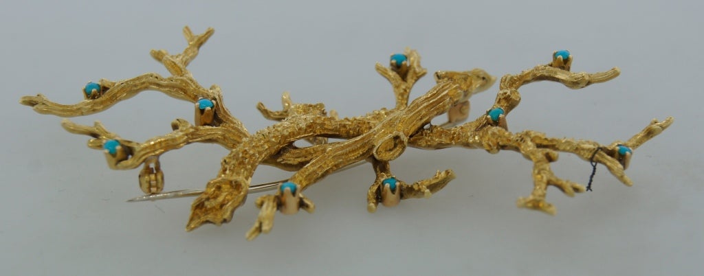 CARTIER Turquoise & Yellow Gold Stylized Brunch Pin Brooch 2