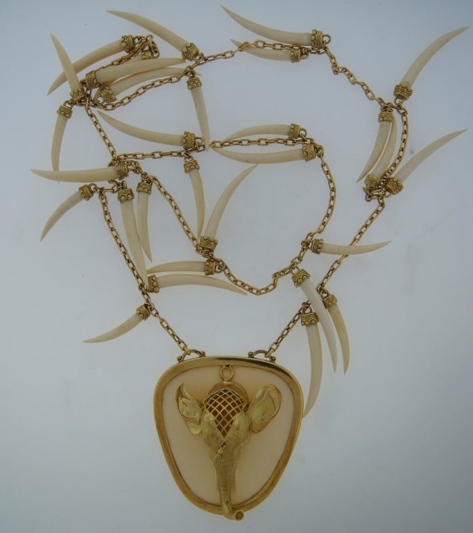 Women's Stunning Italian Bone & Yellow Gold Elephant Necklace