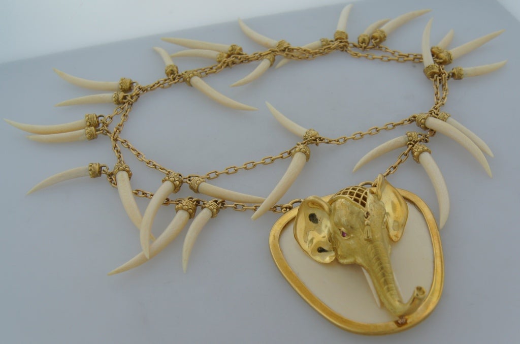 Stunning Italian Bone & Yellow Gold Elephant Necklace 4
