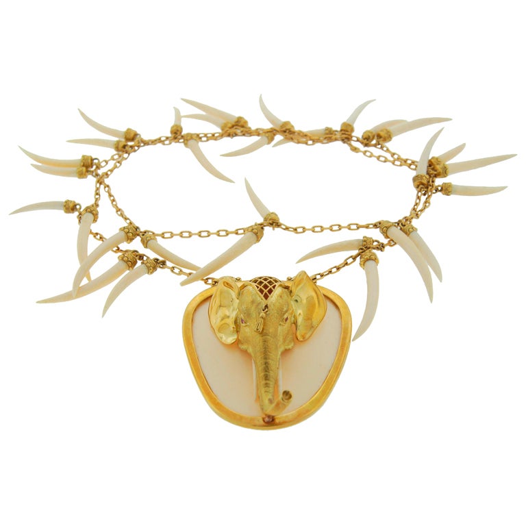 Stunning Italian Bone & Yellow Gold Elephant Necklace