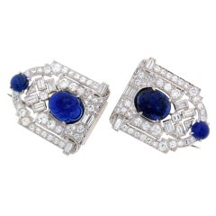 French Art Deco Carved Sapphire Diamond & Platinum Double Clips