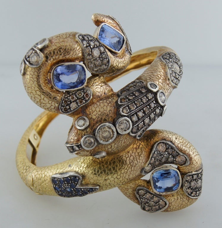 A. Codognato Sapphire Color Diamond & Gold Snake Bangle Bracelet