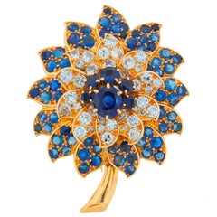 Rene Boivin Diamond, Sapphire & Yellow Gold Flower Brooch