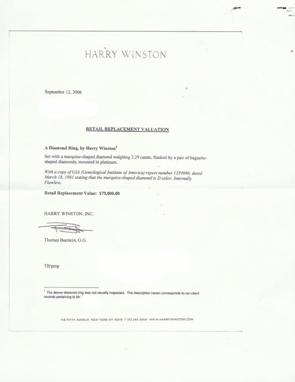 Harry Winston Marquise Diamond (GIA Certified) Platinum Ring 2