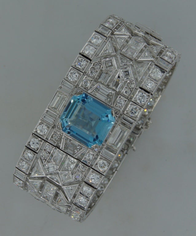 Wide 1960's Aquamarine Diamond & Platinum Bracelet In Excellent Condition In Beverly Hills, CA