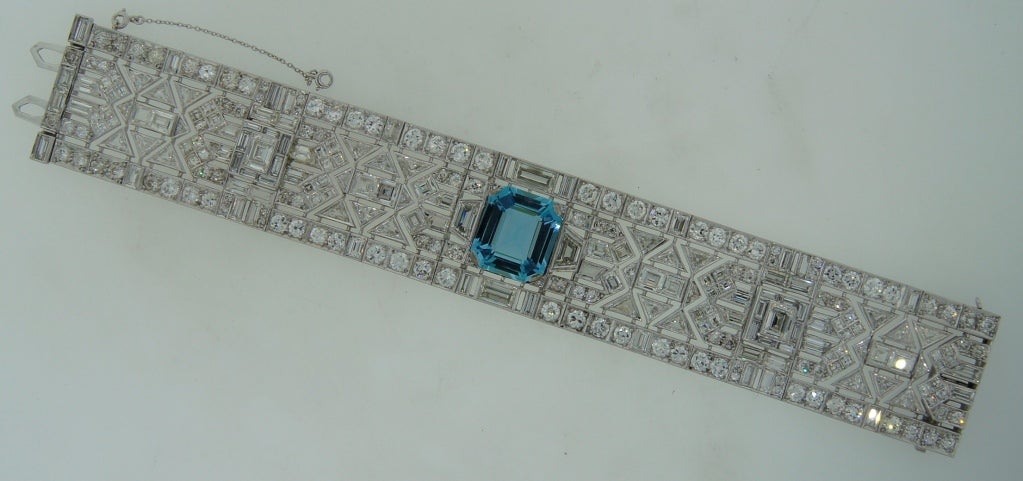 Women's Wide 1960's Aquamarine Diamond & Platinum Bracelet